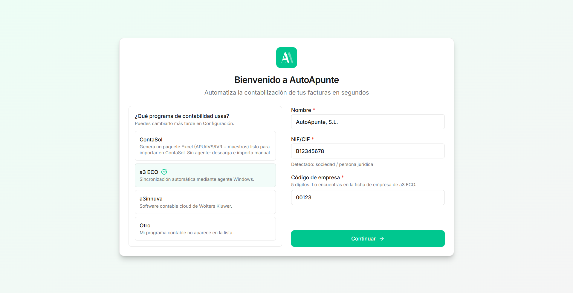 Asistente de bienvenida: selector de ERP y datos de empresa