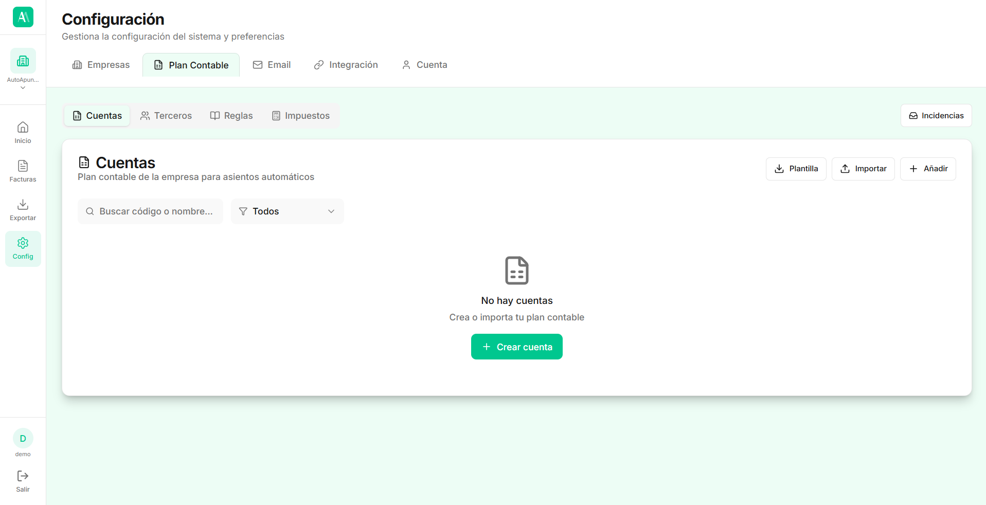 Configuración → Plan Contable → Cuentas