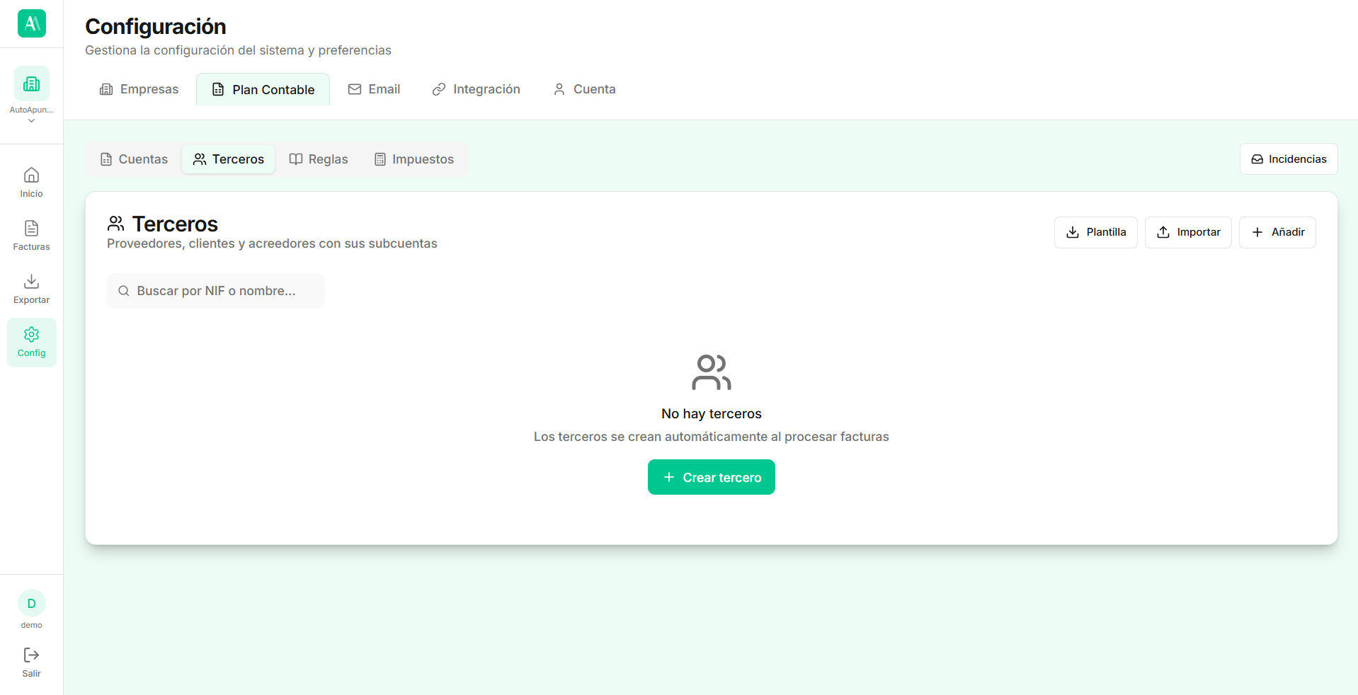 Configuración → Plan Contable → Terceros