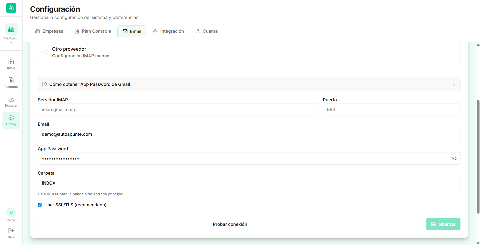Configuración → Email: configuración IMAP / Gmail